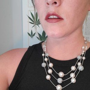 RMD Layered Tiered Necklace Pearl Rhinestone Beaded Silver Bride Preppy Formal